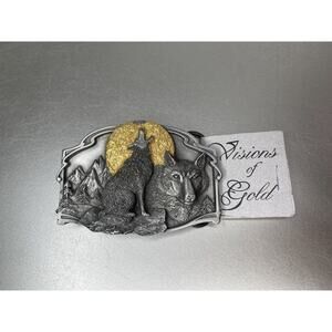 VINTAGE Siskiyou Belt Buckle Wolf Howling Full Moon Made In USA 18KT Gold New!